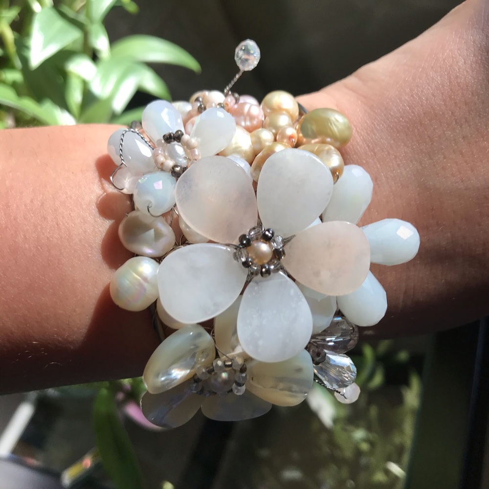 Anthropologie flowers bracelet cuff with pearls